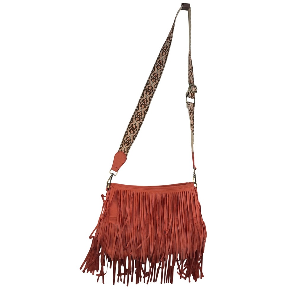 Jen &‎ Co Orange/Pink Fringe Crossbody Bag Woven Guitar Strap Boho Vegan Suede